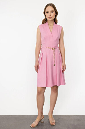 Ekol Kadın V Yaka Kuşak Kemerli Elbise 4036 Pink