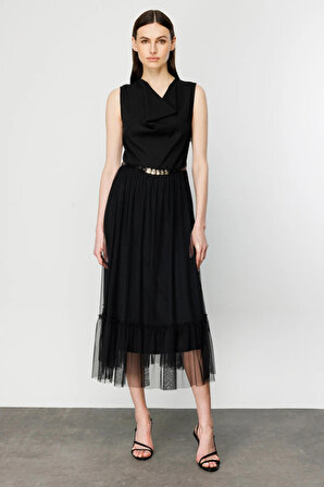 Ekol Kadın Altı Şifon Sıfır Kol Kemerli Elbise 4146 Siyah