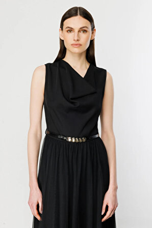 Ekol Kadın Altı Şifon Sıfır Kol Kemerli Elbise 4146 Siyah