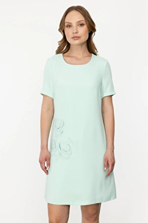 Ekol Sıfır Yaka Nakış Detaylı Kısa Kollu Mint Kadın Elbise 24EKL04048