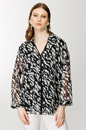 Ekol Kadın Desenli Şifon Kolye Detaylı Bluz 1510 Siyah