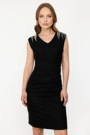 Ekol Kadın Omzu Taşlı Drapeli Abiye Elbise 4190 Siyah