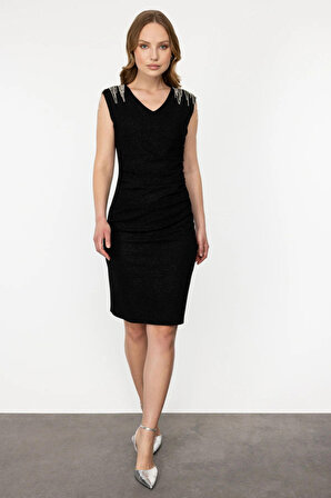 Ekol Kadın Omzu Taşlı Drapeli Abiye Elbise 4190 Siyah