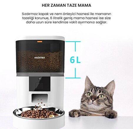 Haustier QQ003 Akıllı Kedi/köpek Otomatik Mama Kabı, App-Wifi ile Uzaktan Kontrol, Öğün Planlama,porsiyon Belirleme,6lt Hazne, Metal Kase, Beyaz
