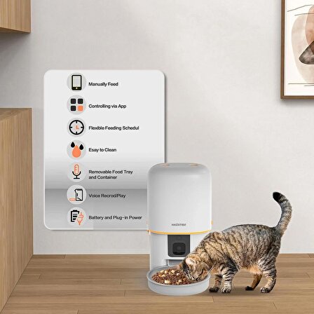 Haustier PF05 Kameralı 1080P FHD Gece Görüş Akıllı Kedi Köpek Otomatik Mama Kabı, Tuya App-Wifi Uzaktan Kontrol, Sesle Çağırma, 2.4Ghz-5Ghz, 4Lt hazne, Metal Kase ,Beyaz