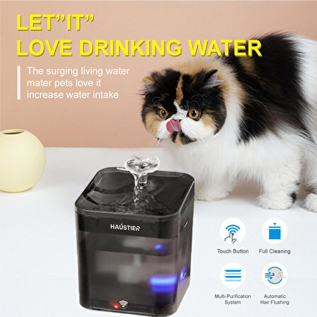 Haustier WF004 Akıllı Kedi Köpek Su Sebili Su Şelalesi Su Pınarı, UV Su Filtrelemeli - Smart Wifi - Tuya App, Ultra Sessiz, Siyah