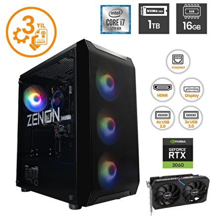 ZENON RAKS TR103 i7-12700F 16GB 1TBSSD RTX3060 FreeDOS Gaming Masaüstü Bilgisayar