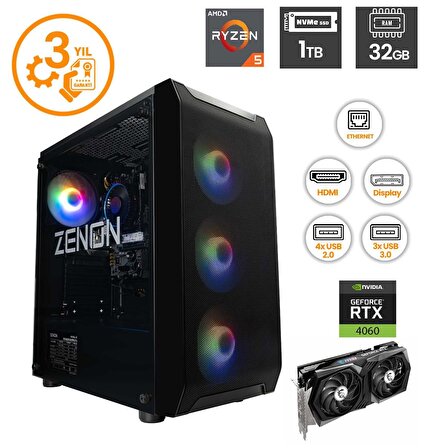 ZENON RAKS TR105 Ryzen 5 5600 32GB 1TBSSD RTX4060 FreeDOS Gaming Masaüstü Bilgisayar