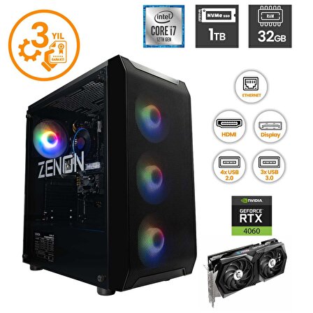 ZENON RAKS TR106 i7-12700F 32GB 1TBSSD RTX4060 FreeDOS Gaming Masaüstü Bilgisayar