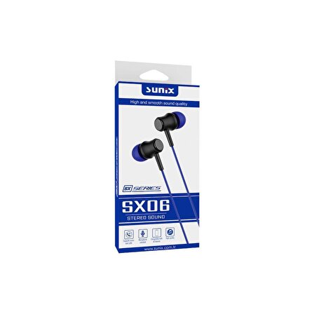Sunix Stereo Ses 3.5mm Jack Kulak İçi Kablolu Kulaklık Mavi SX-06