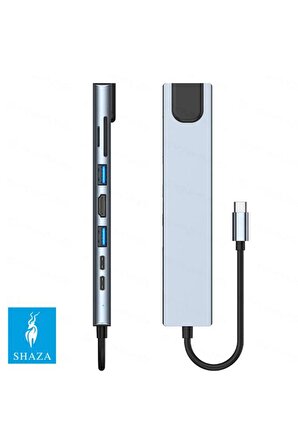 Shaza 8in1 USB Type-C Hub Port Adaptör HDMI USB Ethernet PD Girişli
