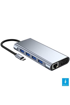 Shaza 11in1 USB Type-C Hub Port Adaptör HDMI USB Ethernet PD Girişli