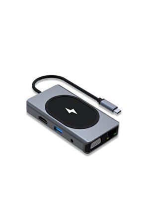 Shaza 9in1 USB Type-C Hub Port Adaptör 4K HDMI USB Ethernet Pd Girişli 15W Kablosuz Şarj