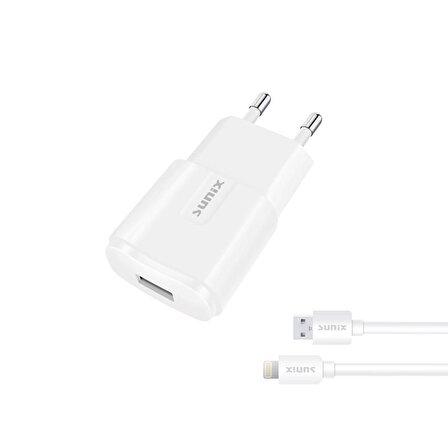 Sunix 2A USB-A Girişli Lightning Şarj Aleti Seti Beyaz S-20