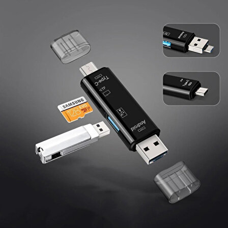 Shaza 5in1 Telefon ve Bilgisayar USB Type C Micro Kart Okuyucu OTG Siyah