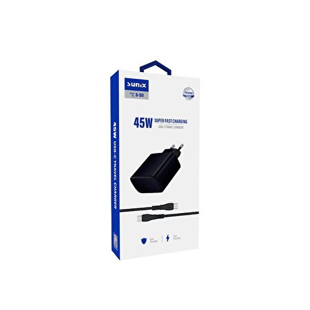 Sunix 45W USB-C Süper Hızlı Şarj Aleti Seti Type-C Siyah S-50