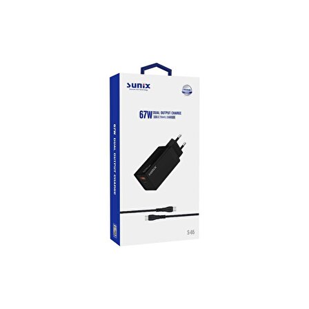Sunix 67W USB-A ve USB-C Girişli Süper Hızlı Type-C  Şarj Aleti Seti Siyah S-65