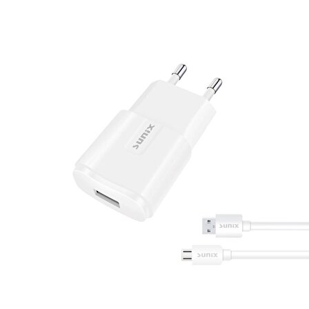 Sunix 2.1A USB-A Girişli Micro Şarj Aleti Seti Beyaz S-21