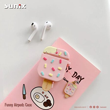 Sunix Airpods 1 ve 2. Nesil Uyumlu Dondurma Desenli Funny Silikon Kılıf Pembe