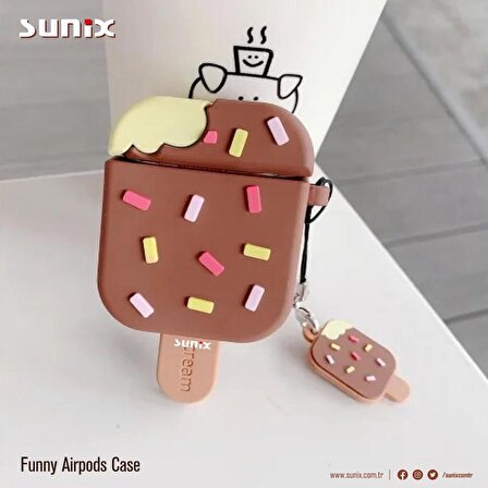 Sunix Airpods 1 ve 2. Nesil Uyumlu Dondurma Desenli Funny Silikon Kılıf Kahverengi