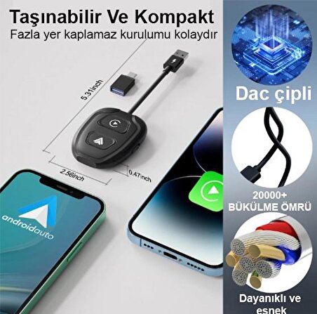 Hakopro Araç İçi Android ve Apple Cihazlar İle Uyumlu Kablosuz Carplay ve Android Oto Adaptörü Siyah