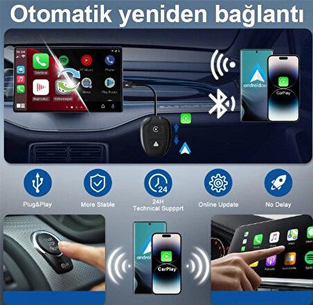 Hakopro Araç İçi Android ve Apple Cihazlar İle Uyumlu Kablosuz Carplay ve Android Oto Adaptörü Siyah