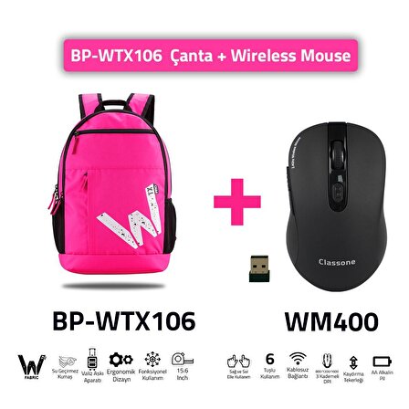 Classone BP-WTX106  Wtxpro Su Geçirmez 15.6" Laptop Notebook Sırt Çantası Pembe + Kablosuz Mouse