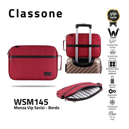 Classone WSM145 13-14 Su Geçirmez Kumaş Fermuar Macbook Ipad Laptop Çantası Bordo