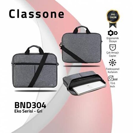 Classone Gri 15,6 inç Uyumlu Laptop Notebook El Çantası BND304