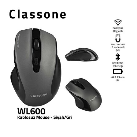 Classone WL600 Serisi Kablosuz Mouse Siyah Gri