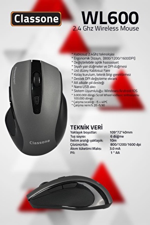 Classone WL600 Serisi Kablosuz Mouse Siyah Gri