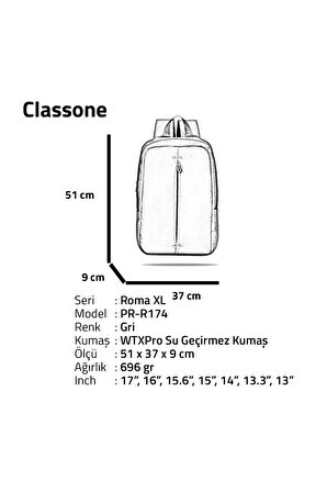 Pr-r174 Roma Serisi Su Geçirmez Kumaş 17" Laptop ,notebook Sırt Çantası-gri