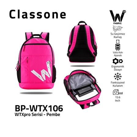 Classone BP-WTX106 Energy Serisi 15.6"Su Geçirmez Kumaş Laptop, Notebook Sırt Çantası Pembe