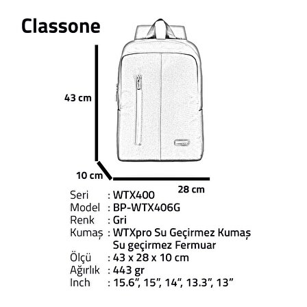 Classone BP-WTX406G 15,6" Su Geçirmez Kumaş Fermuar Notebook Laptop Sırt Çantası Gri
