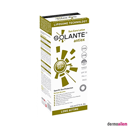 Solante Antiox Sun Care 50+ Faktör Nemlendirici Tüm Cilt Tipleri İçin Renksiz Yüz Güneş Koruyucu Krem 150 ml