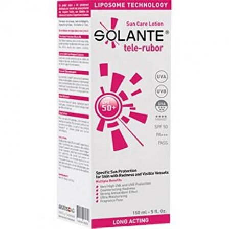 Solante Tele-Rubor 50+ Faktör Nemlendirici Tüm Cilt Tipleri İçin Renksiz Yüz Güneş Koruyucu Losyon 150 ml