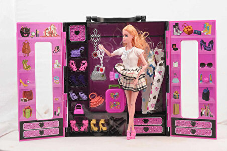 Sonsuz Hareket Bebekli Barbie Gardrobu,Barbi Çantalı Giysi Dolabı