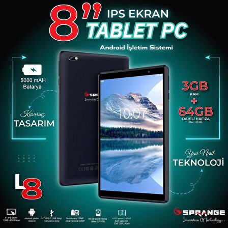 Tahtakale Teknoloji Dünyası  IPS Ekran TYPE-C Şarj Girişli 8" 3GB / 64GB 4 Çekirdekli Kılıf Hediyeli Eba Uyumlu Tablet Pc