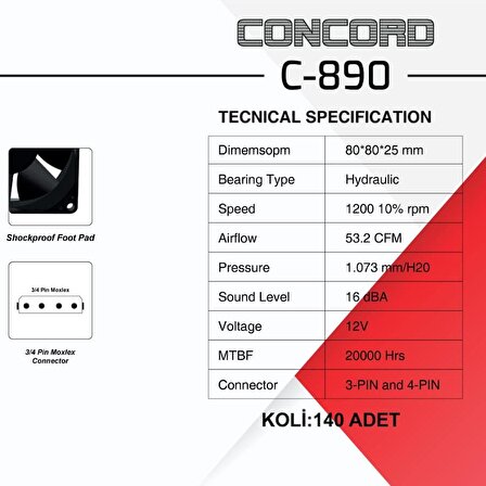 80*80*25mm 12V Leptop Soğutucu Sılent Fan Concord C-890