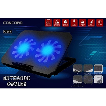 Concord C-883 2 Fanllı Işıklı Standlı  Laptop Soğutucu