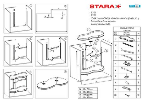 Starax 3014 Krom Kör Köşe Fasulye Sağ Mekanizması 780X600X73