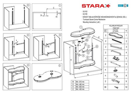 Starax 3013 Krom Kör Köşe Fasulye Sol Mekanizması 780X600X73