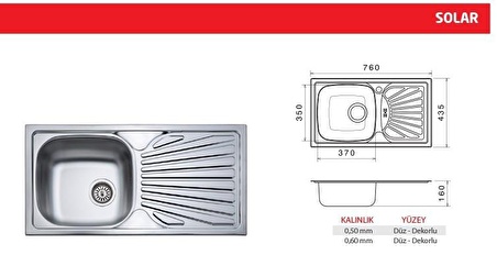 Renno Eviye Solar Damlalıklı Sağ 760x435Mm Paslanmaz