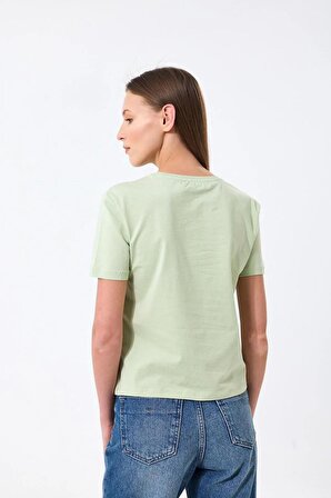 Kadın Yeşil Bisiklet yaka Basic Baskılı T-shirt - M