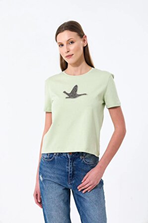 Kadın Yeşil Bisiklet yaka Basic Baskılı T-shirt - XL
