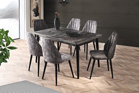 Açılır Salon Masası Takımı Siyah Mermer + 6 Adet Defne Nubuk Sandalye  