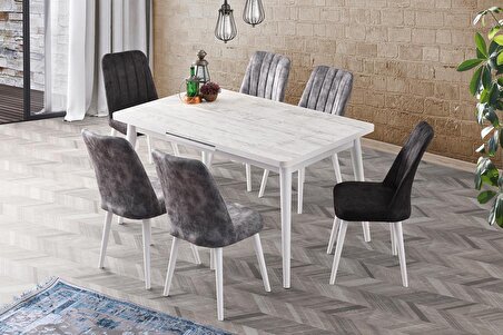 Açılır Salon Masası Takımı Antik Beyaz + 6 Adet Nil Nubuk Sandalye  