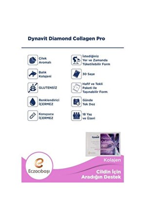 Dynavit Diamond Collagen Pro Çilek Aromalı Hidrolize Balık Kolajeni 30 Saşe