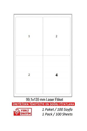 A1 Etiket-2004 Ebat 99.1 x 139 mm Lazer Etiket  A4 Sayfada 4 Etiket