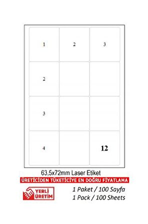 A1-2012 Ebat 63.5 x 72 mm Lazer Etiket  A4 Sayfada 12 Etiket